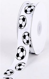 Printed Black Soccer Balls on White Grosgrain Ribbon, 7/8 Inch x 25 Yards (1 Spool) SALE ITEM