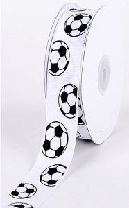 Printed Black Soccer Balls on White Grosgrain Ribbon, 1 1/2 Inch x 25 Yards (1 Spool) SALE ITEM