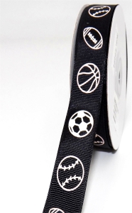 Printed White Sports Balls on Black Grosgrain Ribbon, 7/8 Inch x 25 Yards (1 Spool) SALE ITEM