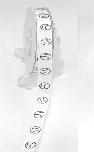 Printed " Baseball " Single Faced Satin Ribbon, White with Black Baseballs, 3/8 Inch x 25 Yards (1 Spool) SALE ITEM