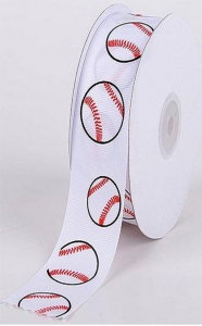 Printed White Grosgrain Ribbon w/ White Baseballs w/ Black and Red, 7/8 Inch x 25 Yards (1 Spool) SALE ITEM