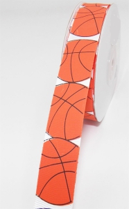 Printed " Basketball " Single Faced White Satin Ribbon, Orange Basketballs With Black Outlines, 7/8 Inch x 25 Yards (1 Spool) SALE ITEM