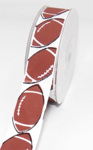 White Grosgrain Ribbon With Brown Footballs & Black Outlines, 7/8 Inch x 25 Yards (1 Spool) SALE ITEM