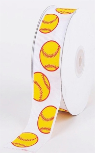 Printed "Baseball " White Single Faced Grosgrain Ribbon, Yellow Baseballs With Red Outlines, 1 1/2 Inch x 25 Yards (1 Spool) SALE ITEM