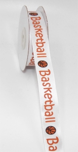 Printed " Basketball " Single Faced Satin Ribbon, White with Orange, 5/8 Inch x 25 Yards (1 Spool) SALE ITEM