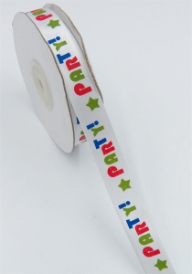 White/Multi Party! w/ Green Stars Satin Ribbon 5/8 x 25 yds., (1 spool) SALE ITEM