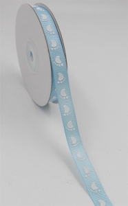 Light Blue Ribbon/White Baby Feet Grosgrain 3/8 x 25 yds., (1 spool) SALE ITEM