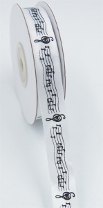White/Black Musical Bar Printed Satin 5/8 x 25 yds., (1 spool) SALE ITEM