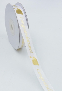 White/Gold Congratulations!/Caps Satin 5/8 x 25 yds., (1 spool) SALE ITEM