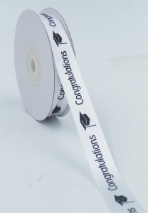 White/Black Congratulations!/Caps Satin    5/8 x 25 yds.m (1 spool) SALE ITEM