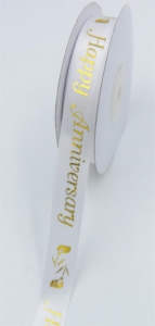 White/Gold Happy Anniversary w/ Flowers Satin 5/8 x 25 yds., (1 spool) SALE ITEM
