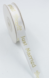 White/Gold Just Married w/ Doves Satin 5/8 x 25 yds., (1 spool) SALE ITEM