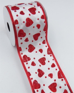 2.5 Inch Wired Valentine's Day Ribbon, Red Metallic Hearts on White Satin 2 ½ x 25 yds., (Lot of 1 Spool) SALE ITEM