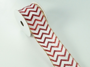 2.5 Inch Red & White Wired Christmas Ribbon w/ Gold Edges - Red / White Zig Zag Pattern, 2.5 inch x 10 yards (Lot Of 1 Spool) SALE ITEM