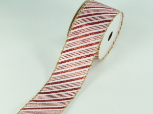 2.5 Inch Red & White Wired Christmas Ribbon w/ Gold Edges - Red / White Candy Cane Stripe Pattern, 2.5 inch x 10 yards (Lot Of 1 Spool) SALE ITEM