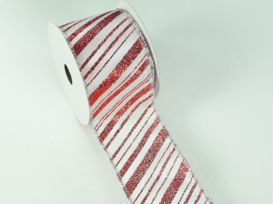 2.5 Inch Red & White Wired Christmas Ribbon w/ Silver Edges - Red / White Candy Cane Stripe Pattern, 2.5 inch x 10 yards (Lot Of 1 Spool) SALE ITEM