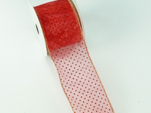 2.5 Inch Red Wired Christmas Ribbon w/ Gold Edges - Red / Metallic Red Polka Dot Pattern, 2.5 inch x 10 Yards (Lot Of 1 Spool) SALE ITEM