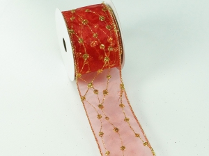 2.5 Inch Red & Gold Wired Christmas Ribbon w/ Gold Edges - Sheer Red / Gold Christmas Pattern, 2.5 inch x 10 Yards (Lot Of 1 Spool) SALE ITEM