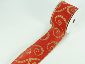 2.5 Inch Red & Gold Wired Christmas Ribbon w/ Gold Edges - Red / Gold Swirl Sparkle Pattern, 2.5 inch x 10 Yards (Lot Of 1 Spool) SALE ITEM
