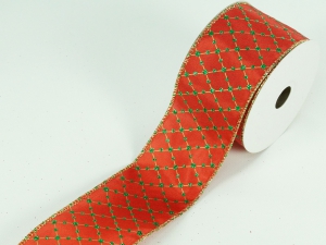 2.5 Inch Red & Green Wired Christmas Ribbon w/ Gold Edges - Red / Green Polka Dot Pattern, 2.5 inch x 10 Yards (Lot Of 1 Spool) SALE ITEM
