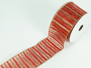 2.5 Inch Gold & Red Wired Christmas Ribbon w/ Gold Edges - Metallic Gold & Red Stripe Christmas Pattern, 2.5 inch x 10 Yards (Lot Of 1 Spool) SALE ITEM