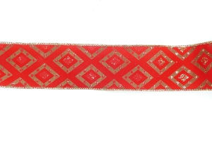 2.5 Inch Red & Gold Wired Christmas Ribbon w/ Gold Edges - Red / Gold Christmas Pattern, 2.5 inch x 10 Yards (Lot Of 1 Spool) SALE ITEM