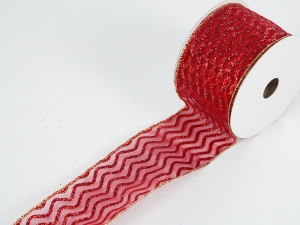 2.5 Inch Red Wired Christmas Ribbon w/ Gold Edges - Red / Metallic Red Zig Zag Pattern, 2.5 inch x 10 yards (Lot Of 1 Spool) SALE ITEM