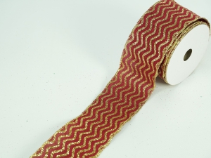 2.5 Inch Red & Gold Wired Christmas Ribbon w/ Gold Edges - Red / Gold Zig Zag Pattern, 2.5 inch x 10 yards (Lot Of 1 Spool) SALE ITEM