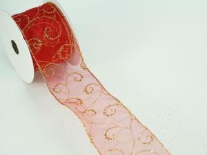 2.5 Inch Red & Gold Wired Christmas Ribbon w/ Gold Edges - Sheer Red / Gold Swirl Pattern, 2.5 inch x 10 Yards (Lot Of 1 Spool) SALE ITEM