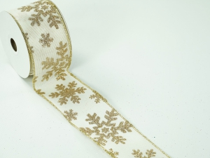 2.5 Inch Ivory & Gold Wired Christmas Ribbon w/ Gold Edges - Sheer Ivory / Gold Snowflake Pattern, 2.5 inch x 10 yards ( Lot Of 1 Spool) SALE ITEM