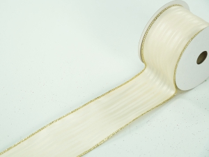 2.5 Inch Ivory Wired Christmas Ribbon w/ Gold Edges - Ivory Satin w/ Shiny Stripe Pattern, 2.5 inch x 10 yards (Lot Of 1 Spool) SALE ITEM