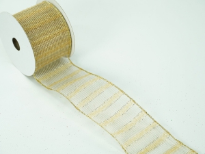 2.5 inch Gold Wired Christmas Ribbon w/ Gold Edges - Sheer Mesh Gold Woven Stripe, 2.5 inch x 10 Yards (Lot Of 1 Spool) SALE ITEM