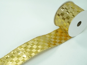 2.5 Inch Gold Wired Christmas Ribbon w/ Gold Edges - Shiny Gold Checkered Pattern, 2.5 inch x 10 Yards (Lot Of 1 Spool) SALE ITEM
