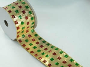 2.5 Inch Gold, Green & Red Wired Christmas Ribbon w/ Gold Edges - Shiny Gold Green Red Checkered Pattern, 2.5 inch x 10 Yards (Lot Of 1 Spool) SALE ITEM