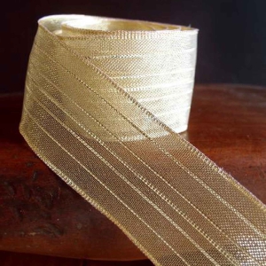 1.5 Inch Gold Wired Christmas Ribbon w/ Gold Edges - Sheer Gold w/ Metallic Stripes, 1.5 Inch x 25 Yards (Lot of 1 Spool) SALE ITEM