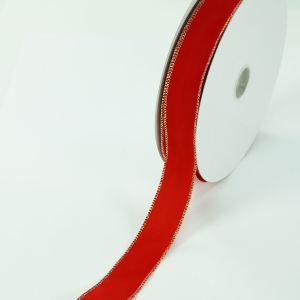 1.5 Inch Red Wired Christmas Ribbon w/ Gold Edges - Red Velvet, 1.5 inch x 50 Yards (Lot of 1 Spool) SALE ITEM