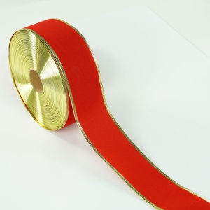 2.5 Inch Red Wired Christmas Ribbon w/ Gold Edges - Red Velvet, 2.5 inch x 50 yards (Lot of 1 Spool) SALE ITEM