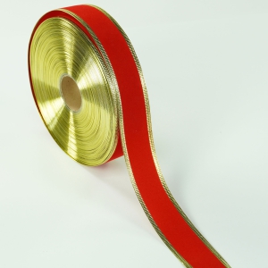 1.5 Inch Red Wired Christmas Ribbon w/ Gold Edges - Red Velvet, 1.5 inch x 50 Yards (Lot of 1 Spool) SALE ITEM