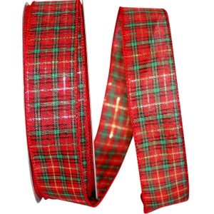 1.5 Inch Red & Green Wired Christmas Ribbon w/ Red Edges - Red / Green Tartan Plaid Fabric, 1.5 inch x 50 Yards (Lot Of 1 Spool) SALE ITEM