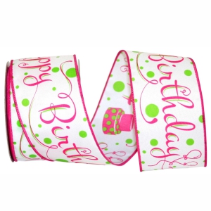 "Happy Birthday" Wired Ribbon, White with Pink Birthday Cakes & Fancy Font, 2 ½ Inch x 10 Yards (1 Spool) SALE ITEM