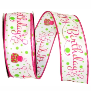 "Happy Birthday" Wired Ribbon, White with Pink Birthday Cakes & Fancy Font, 1 ½ Inch x 10 Yards (1 Spool) SALE ITEM