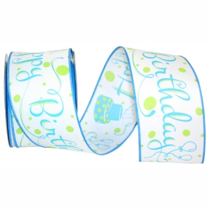 "Happy Birthday" Wired Ribbon, White with Blue Birthday Cakes & Fancy Font, 2 ½ Inch x 10 Yards (1 Spool) SALE ITEM