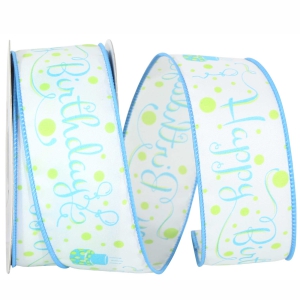 "Happy Birthday" Wired Ribbon, White with Blue Birthday Cakes & Fancy Font, 1 ½ Inch x 10 Yards (1 Spool) SALE ITEM