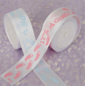 White Satin Ribbon Printed w/ Light Pink Baby Feet "It's a Girl", 1 ½ Inch x 10 Yards (1 Spool) SALE ITEM