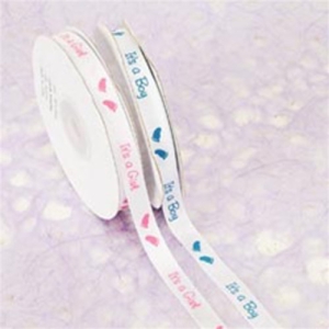 White Satin Ribbon Printed w/ Light Pink Baby Feet "It's a Girl", 3/8 Inch x 25 Yards (1 Spool) SALE ITEM