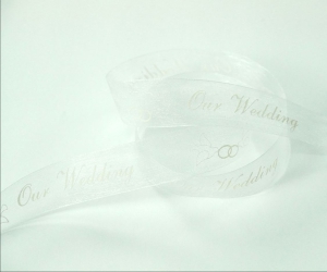 White Organza Ribbon Printed w/ White Doves "Our Wedding", 7/8 Inch x 25 Yards (1 Spool) SALE ITEM