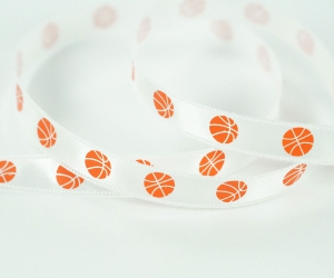 Printed Single Faced Satin Ribbon, White with Orange Basketballs, 3/8 Inch x 25 Yards (1 Spool) SALE ITEM