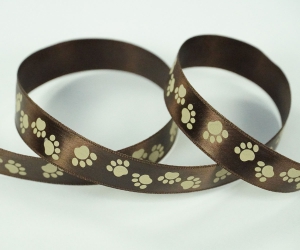 Paw Prints on Brown Satin Ribbon, 5/8 Inch x 25 Yards (1 Spool) SALE ITEM