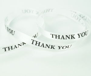 White Satin Ribbon w/ THANK YOU Printed in Black, 5/8 Inch x 25 Yards (1 Spool) SALE ITEM
