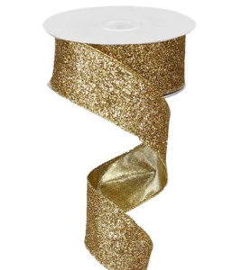 1.5 Inch Gold Wired Christmas Ribbon w/ Gold Edges - Metallic Glittered, 1.5 Inch x 10 Yards (Lot of 1 Spool) SALE ITEM